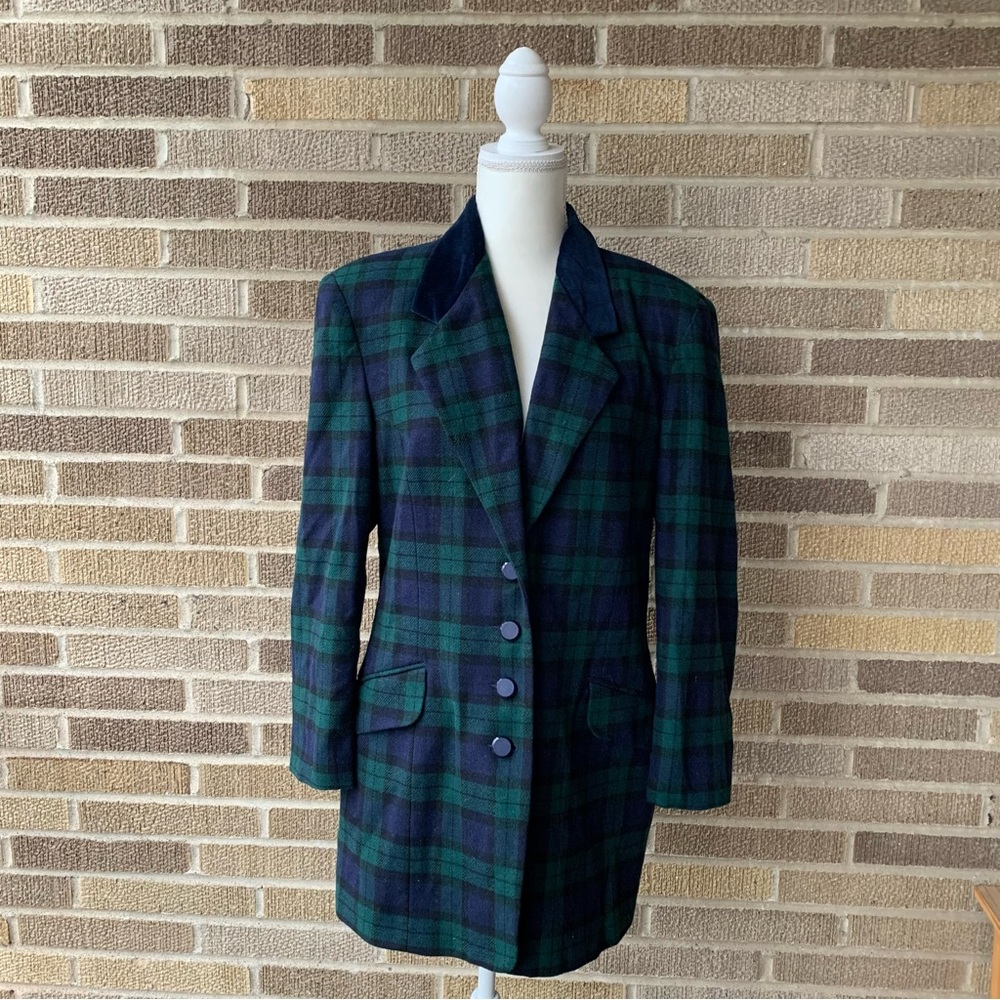 Vintage Wool Blazer Susan Matthew’s New York Plaid Blue Green Velvet Size 14